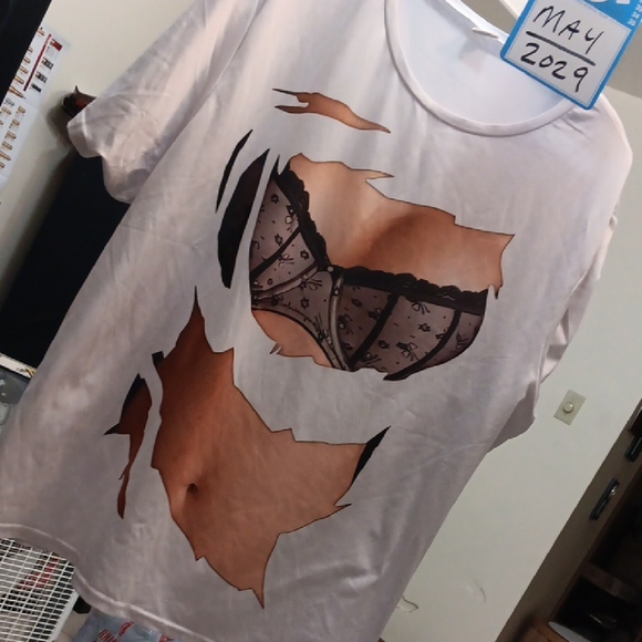 Fashion Nova Tops - Fashion Nova White Graphic Tee with Lace Bra Illusion